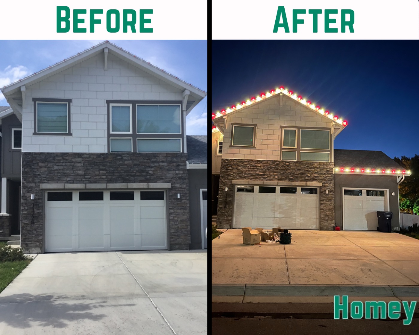 Christmas light installation before and after results in Salt Lake & Utah County